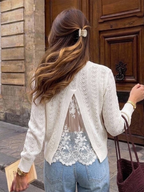 Rebellious Rose Sweaters - Serisse Women's Elegant Back Mesh Lace Patchwork Hollow Knit Sweater